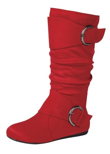 Image of Forever Link Women's Klein-70 Closed Round Toe Buckle Slouch Flat Heel Mid-Calf Boot