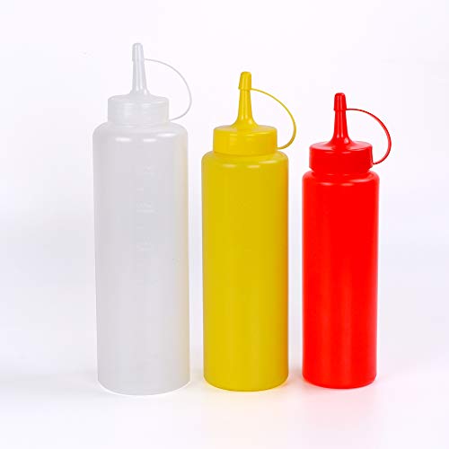 Condiment Squeeze Bottles, Kmeivol Ketchup Mustard Bottles 3 Pack, Reusable Squirt Bottles for Condiments with Tip Cap Lids, Durable Ketchup and Mustard Dispensers, Food Squeeze Bottles BPA Free