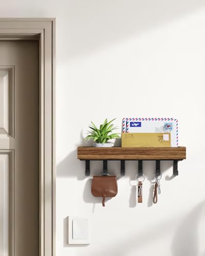 Image of Key Holder Wall Mount Magnetic Adhesive, Key Hooks Rack with Shelf | Key Hanger with Mail Organizer for RV Camper Fridge Living Room Decor, Home Essentials, Rustic