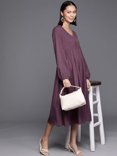 Image of Varanga Women Mauve V-Neck, Bishop Sleeves, Gathered Details Calf Length A-Line Dress, Flared Hem