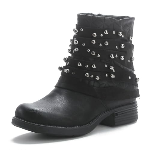 Pogolino Damen Stiefeletten Nieten Biker Boots mit Reißverschluß flach bequem Stiefel ST016 Schwarz 41