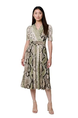 Izabel London Snake Print 1/2 Sleeve Jersey Midi Dress for Women UK with wrap Front, Pockets and midi Skirt. Khaki
