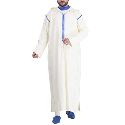 Kurta Dress for Men Long Sleeve Thobe Casual Hooded Gown Mens Kaftan Robe