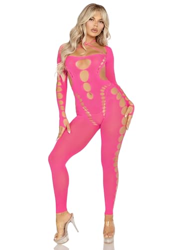 Leg Avenue Seamless Opaque Cut-Out Footless Bodystocking. Lingerie, Rose Fluorescent, Taille Unique Femme