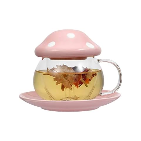 Digoon Mushroom Cup Glass Tea Cup with Lid Tray Strainer Filter Infuser for Loose Leaf Tea Cute Tea Mug in Color Printing Gift Box 11oz (Pink) Cover