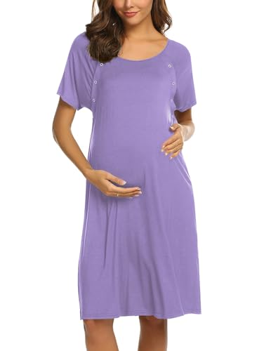 Image of Ekouaer Women’s Nursing/Delivery/Labor/Hospital Nightdress Short Sleeve Maternity Nightgown with Button S-XXL