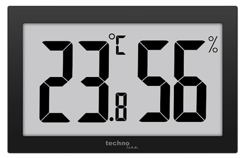 techno line WS9465 Bürothermometer, Thermometer - Hygrometer, Temperatur- und Luftfeuchteüberwachung, sehr gut ablesbares Display, schwarz, mit Jumbo LCD für Büro Hotel Foyer