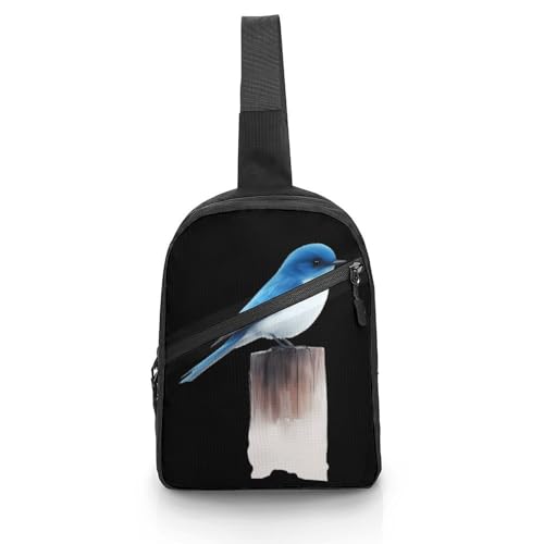 Blue Bird Perched on Stump Chest Bag Foldable Crossbody Unisex Pack Travel Hiking Adjustable Shoulder Straps Sling Bags