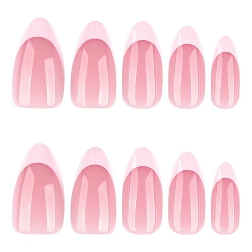 Image of Soft Pink French Tip Press on Nails Medium Almond Fake Nails with Glossy Nude Full Cover Stick on Nail for Women NBNTGH Manicure 24Pcs