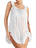 Foxiny Sexy Bows Split Side Ruffle Lace Mesh Sheer Babydoll Lingerie Dress Set with Thong 2 Piece Women See Through Ruched Chemise Negligee Nighty White Medium