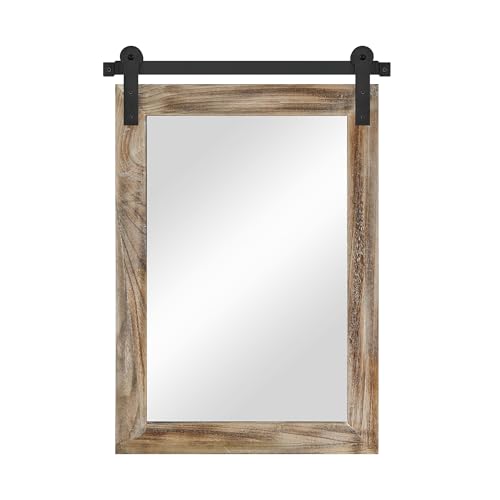 Image of COGOOD Farmhouse Barn Door Mirror - 22 x 30 Rustic Wood Framed Wall Mirror for Bathroom, Living Room, Entryway Wall Decor (Striped Brown)