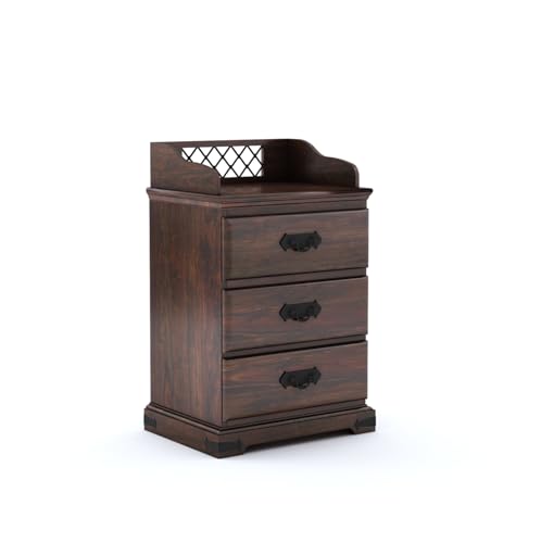 Image of Solid Sheesham Wood Bedside Table with 3 Drawer Storage End Table Sofa Side Table for Living Room Home and Office (Walnut Finish)