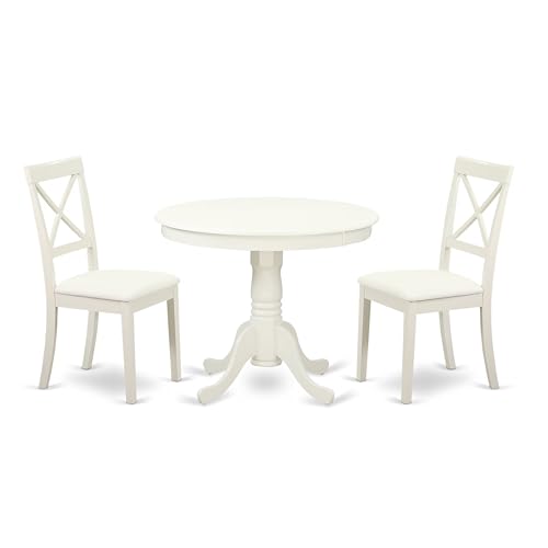 East West Furniture Anbo3-Lwh-Lc - Juego Moderno De 3 Piezas Que Contiene Una Mesa Redonda Con Pedestal Y 2 Sillas De Comedor De Piel Sintética, 36 X 36 Pulgadas, Color Blanco Lino East West Furniture Anbo3-Lwh-Lc - Juego Moderno De 3 Piezas Que Contiene Una Mesa Redonda Con Pedestal Y 2 Sillas De Comedor De Piel Sintética, 36 X 36 Pulgadas, Color Blanco Lino