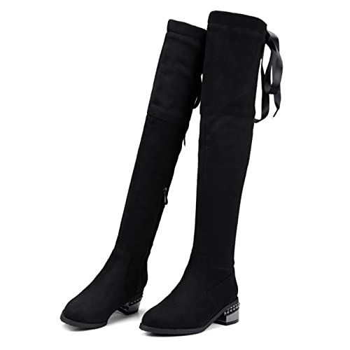 Bottes au-dessus du genou extensibles pour femmes à talon épais et bout rond