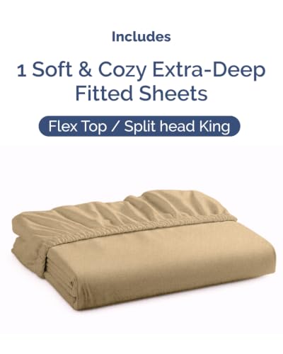 Image of Extra Deep Flex Top Split Head King Fitted Sheet - Hotel Luxury Single Fitted Sheet Only - Easily Fits 18 inch to 24 inch Mattress - Ultra Soft, Wrinkle Free w /Extra Deep Pockets - Heathered Tan