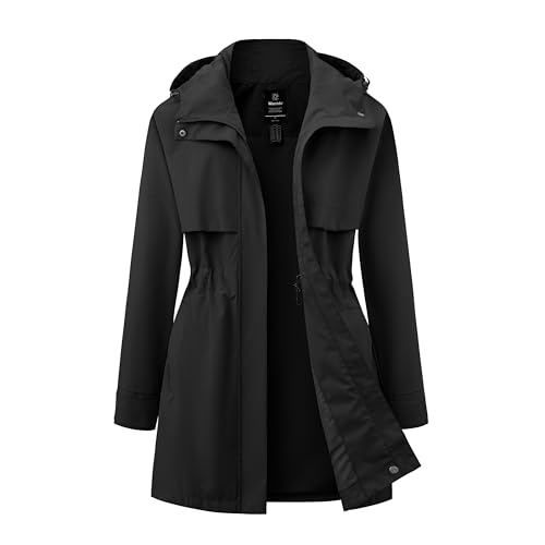 wantdo Women's Lightweight Rain Jacket Waterproof Long Raincoats Windbreaker Travel Jacket (Black, L)
