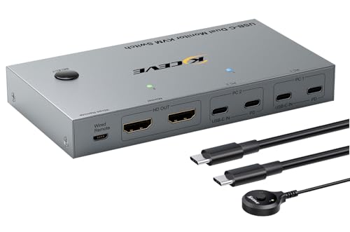 Image of KCEVE KVM Switch 2 Monitors 2 Computers USB C | KVM Switch USB-C for 2 Laptops 2 Monitors and 4 USB3.0 Devices, 4K@60Hz, 100W PD, MST, Wired Remote(4K USBC HD 2 in 2 out)