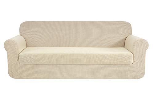 E EBETA Tunez Funda sofá Duplex, Funda de sofá, Tejido Jacquard de poliéster y Elastano, Funda de Clic-clac elástica Cubiertas de sofá de 3 Plaza (Marfil, 185-235 cm)