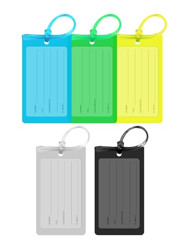 Luggage Tags for Suitcases 5 Pack Luggage Tags for Suitcases Silicone Tags Waterproof Tags for Suitcase Clear Colorful Suitcase Bagtags with Name Id Label and Loop for Luggage Travel Bagtags for Men.