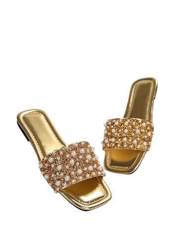GORGLITTER Women's Gold Pearl Sandals Square Open Toe Sequin Rhinestone Slip On Dressy Wedding Flat Slides