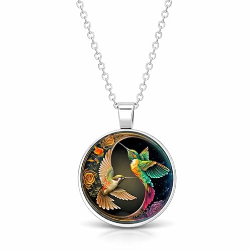 SUPAC Stunning Hummingbird Pendant Necklace - Two Humming Birds Searching for Flower - Fashionable Alloy Jewelry with Delicate Details - Birthday Party Gift Idea for Her (Flower Design)