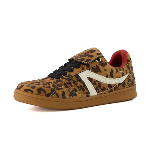 CUSHIONAIRE Women's Astro Retro Sneaker, Lace-Up Design +Memory Foam, Wide Widths Available, Leopard Shoes, Leopard, 8