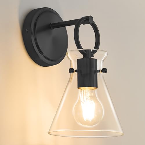 Image of Wall Sconce for Bathroom Modern Vanity Light Fixtures Hardwired Wall Mount Lighting Lamp Farmhouse Wall Lights with 6 inch Clear Glass Shade for Bedroom Living Room Mirror Kitchen (Black, 1 Pack)
