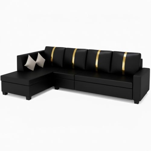 Image of FURNY Nathanoy 5 Seater Leatherette LHS L Shape Sofa Set (Black) Premium Finish | Ideal for Living Rooms