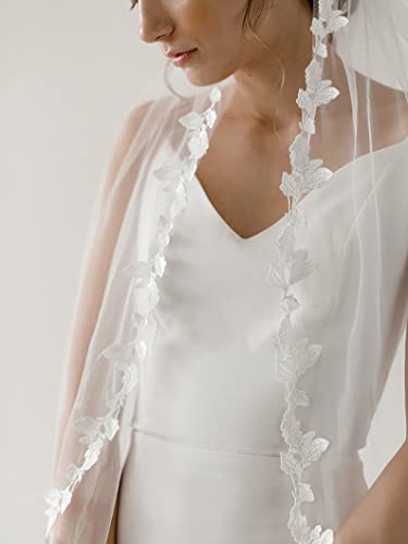 Unsutuo Bride Wedding Veil 1 Tiers Lace Applique Fingertip Bridal Tulle With Comb For Women And Girls (Ivory) #TOP20