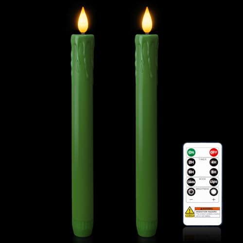 Image of Homemory 9.6 Inches Real Wax Green Flameless Taper Candles with Remote Timer, 2 Pcs LED Fake Candlesticks, Battery Candle with 3D Flickering Flame for Wedding, Dinner, Xmas Anniversary Decor
