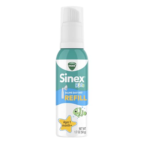 Vicks Sinex Kids Saline Easy Mist Refill, Drug Free Saline, Ages 1 Month+, Gently Clears and Soothes Everyday Stuffy Noses, Safe for Daily Use, 1.7 OZ