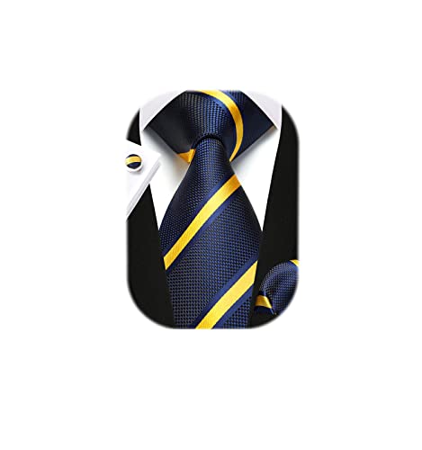 Image of Enlision Mens Ties Stripe Tie and Pocket Square Set Classic Formal Woven Neckties Handkerchief Cufflinks Wedding