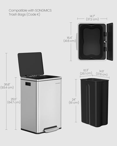 Image of SONGMICS Trash Can, 13 Gallon (50 L), Stainless Steel, Soft-Close Lid