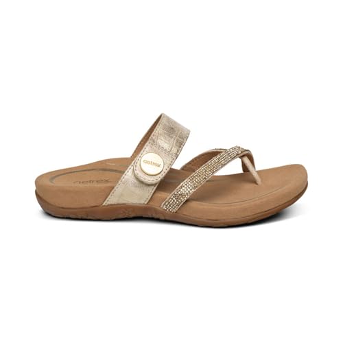 Image of Aetrex Izzy Memory Foam Footbed Faux Leather Adjustable Slide Orthopedic Sandals for Women - Pressure Relief Pain Arch Support Sandals Women's