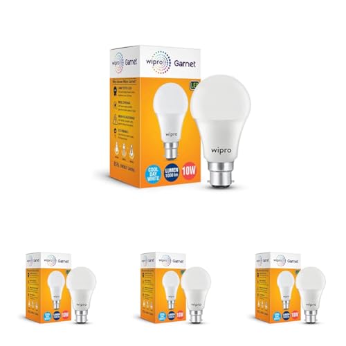 wipro Garnet 10W LED Bulb for Home & Office |Cool Day White (6500K) | B22 Base|220 degree Light coverage |4Kv Surge Protection |400V High Voltage Protection |Energy Efficient | Pack of 4