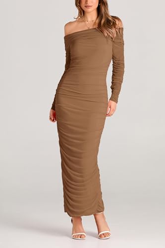 PRETTYGARDEN Women's Fall Off The Shoulder Maxi Dress Spring Long Sleeve Ruched Fitted Bodycon Club Dresses with Slit