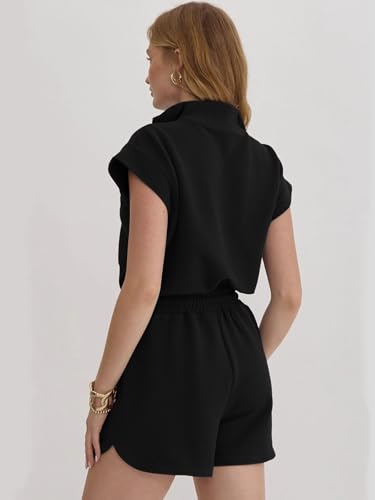 Image of Rompers for Women Summer Short Sleeve Half Zip Lapel Collar Jumpsuit Casual Drawstring One Piece Outfits with Pockets
