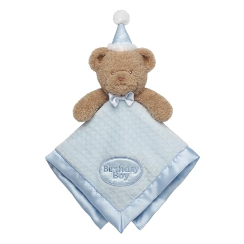 Image of Plush Bear Snuggle Blanket with Birthday Boy Embroidery and Satin for Baby, 14 inch, Blue