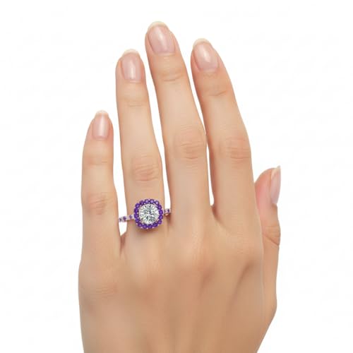 Image of Choose Your Gemstone Round Diamond CZ Square Halo Ring Rose Gold Plated Round Shape Petite Engagement Rings Matching Jewelry Wedding Jewelry Easy to Wear Gifts US Size 4 to 12