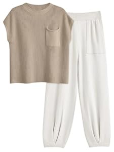 LILLUSORY 2 Stück Outfits Für Frauen Trendy Lounge Sets Gemütliche Strickpullover Kurzarm Mode Loungewear Set, Weiss/opulenter Garten, M
