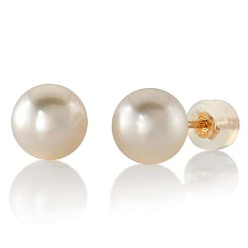 THE PEARL SOURCE Round White Freshwater Real Pearl Earrings for Women - 14k Gold Stud Earrings | Hypoallergenic Earrings with Genuine Cultured Pearls, 8.0-8.5mm