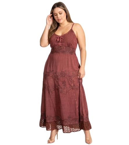 Image of Sakkas Stonewashed Rayon Embroidered Adjustable Spaghetti Straps Long Dress