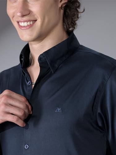 Image of Beyoung Regular Fit Formal Satin Shirt for Men - Navy Blue | Full Sleeves | Men's Stylish Satin Silk Shirt | Formal Shirt | Buttondown Collar