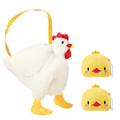 3 Pcs Chicken Purse Fluffy Cartoon Bag Set Include 2 Cute Zipper Chicken Wallet 1 Crossbody Plush Shoulder Bag Rooster Wallet with Adjustable Shoulder Strap for Women Girls
