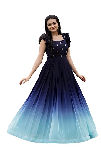 Image of LAZZLY Women's Georgette Ankle Length Dual Shaded Flared Embroidered Gown