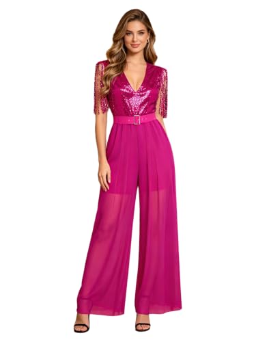 Mono formal mujer fiesta de cóctel brillante con lentejuelas rosa oscuro