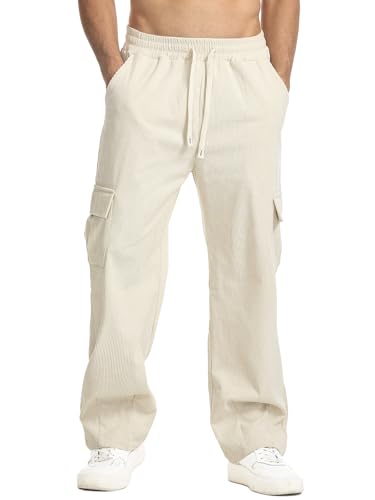 Suwangi Men’s Baggy Cargo Corduroy Pants Wide Leg Elastic Waist Drawstring Sweatpants Loose Fit Casual Pants with Pockets3