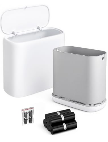 Image of Small Bathroom Trash Can with Lid, Dog Proof Slim Press Top Garbage Can, White Plastic Narrow Waste Basket, for Bathroom Bedroom Office 3.1 Gal with 5 Rolls 75 Trash Bags
