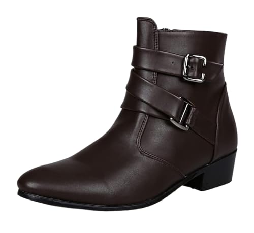 Men's Leather Pointed Toe Chelsea Boots,Buckle Straps Side Zipper Chunky Low Heel Western Formal Dress Boots Ankle Boots