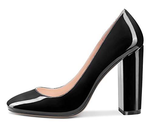 HEUIVZAR Women Pumps Pointed Toe Block Chunky High Heel Slip-on Dress Shoes Patent 4 Inch2